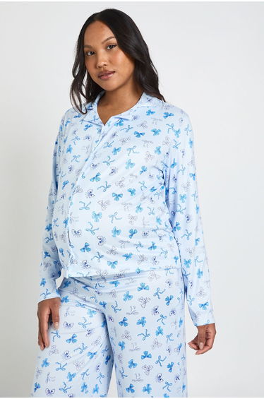 Maternity Polka Dot Bows Print Long Sleeve Shirt & Trouser Pyjama Set - blue product thumbnail 4