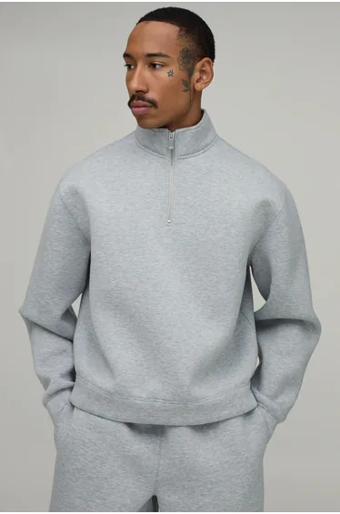 Oversized Boxy 1/4 Zip Funnel Neck Scuba Sweatshirt - grey marl