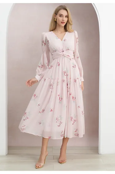 Blushing Rose V-Neck Twisted Waist Chiffon Maxi Dress in Light Pink for Picnic Dates & Park Concerts