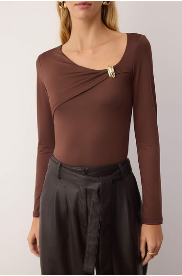 Brown Fitted/Fits the Body Accessory Detailed Snap-Front Flexible Knit Bodysuit product thumbnail 3