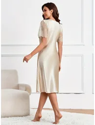 Beige Satin Lace Insert Nightdress - 1