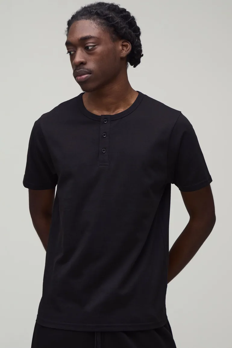 Basic Slim Fit Henley T-Shirt - black