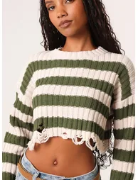Distressed Striped Crop Knit Jumper - 2