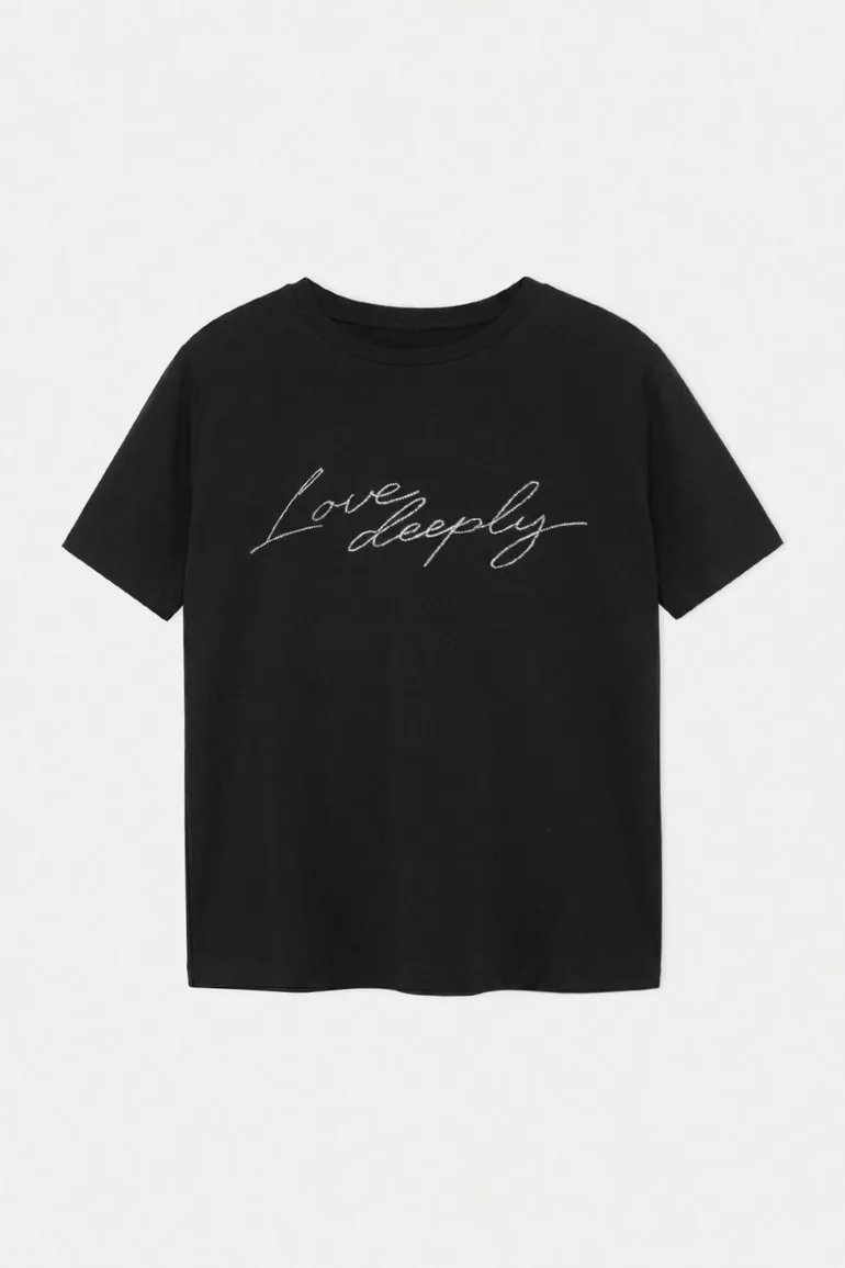 Black Crew Neck Stone Printed Knitted Oversize T-Shirt - 5