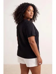 Black Crew Neck Stone Printed Knitted Oversize T-Shirt - 4