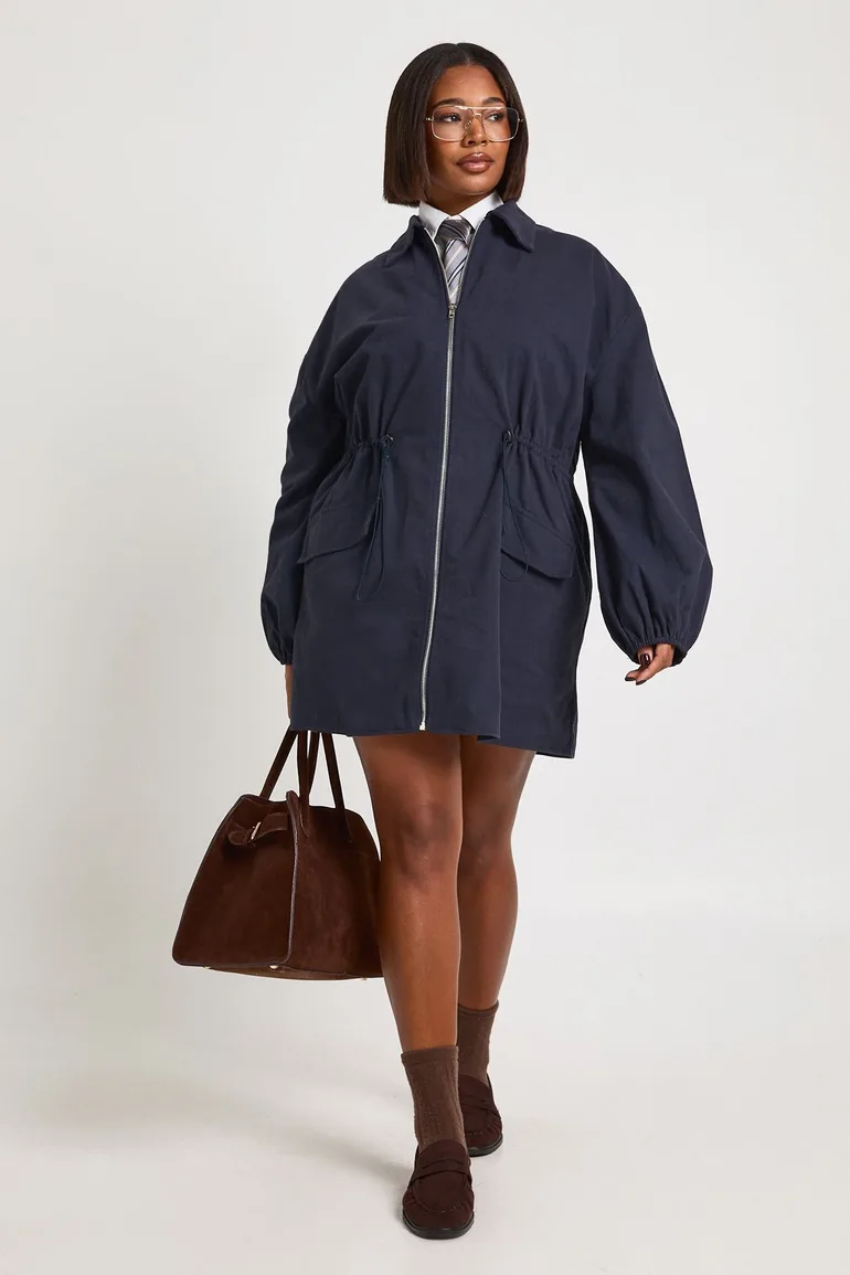 Plus Cotton Twill Cinched Waist Zip Up Utility Dress - navy