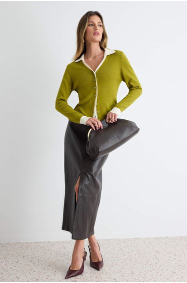 Oil Green Premium Yarn/Special Yarn Color-Blocked Soft Textured Knitwear Cardigan