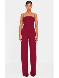 Burgundy Crepe Fold Over Detail Wide Leg Jumpsuit