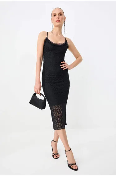 Black Plain Weave Lace Midi Lined Dress