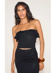 Black Fine Knit Bardot Frill Top - 1
