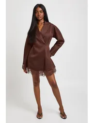 Lace Hem Structured Blazer Dress - chocolate