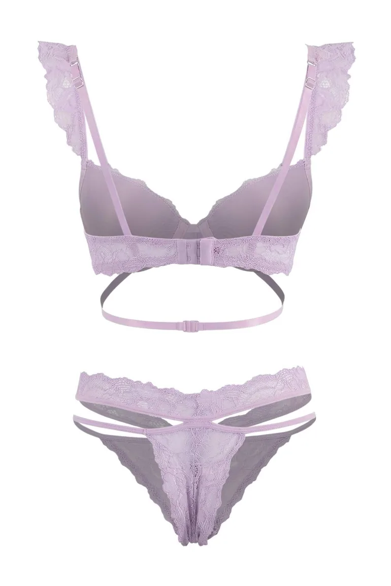 Lilac Lace Cross-Tied Fixed Cup Underwear Set - 2