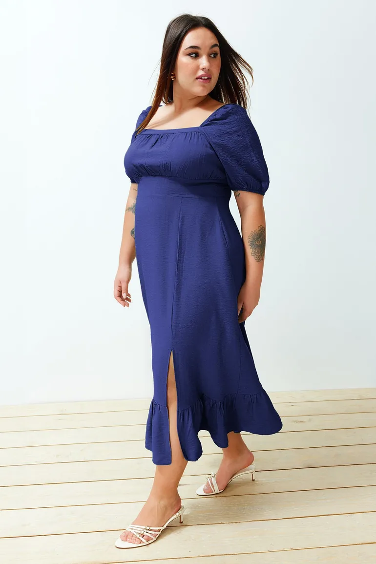 Indigo Crew Neck Ruffled Woven Dress