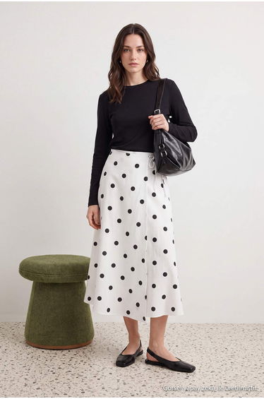 White Polka Dot Woven Double Breasted Long Skirt product thumbnail 2