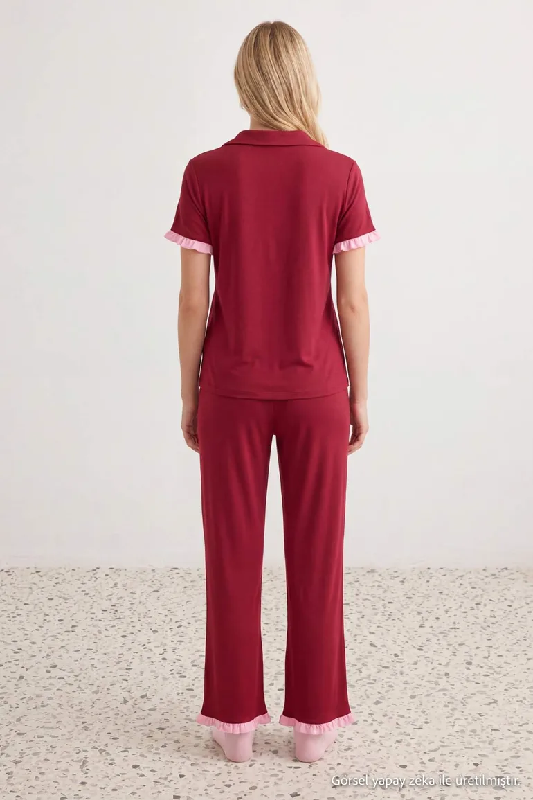 Burgundy-Pink 100% Cotton Ruffle Detailed Knitted Pajama Set - 3
