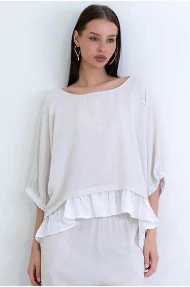 Ecru Boat Neck Woven Ruffled Linen Blouse with Tie Back Detail