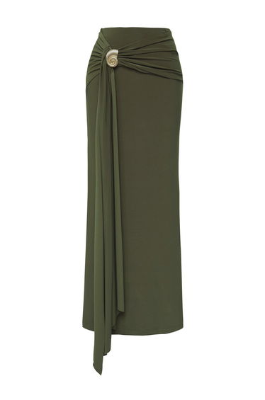 Limited Edition Khaki Fitted Accessory Detailed Knitted Long Skirt product thumbnail 4