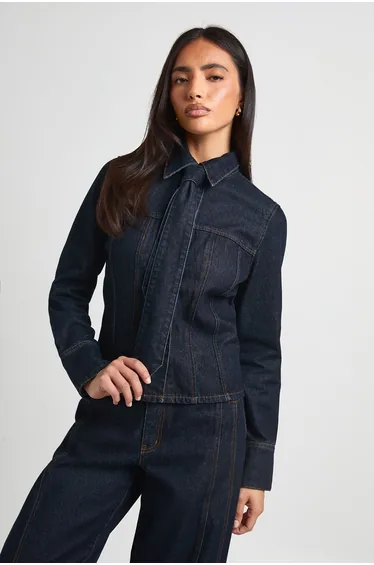 Cinched Long Sleeve Denim Shirt With Tie - indigo