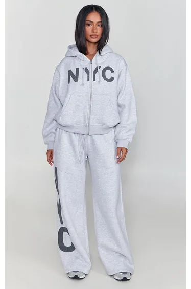 Petite Ash Grey NYC Slogan Wide Leg Joggers