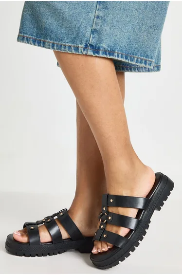 Chunky Stud Detail Gladiator Flatforms - black