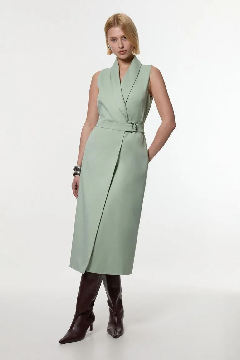 Soft Tie Tailored Sleeveless Pencil Midi Dress