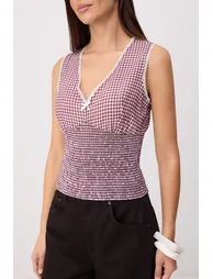 Burgundy Plaid Pattern Gipe Detailed Woven Blouse - 1