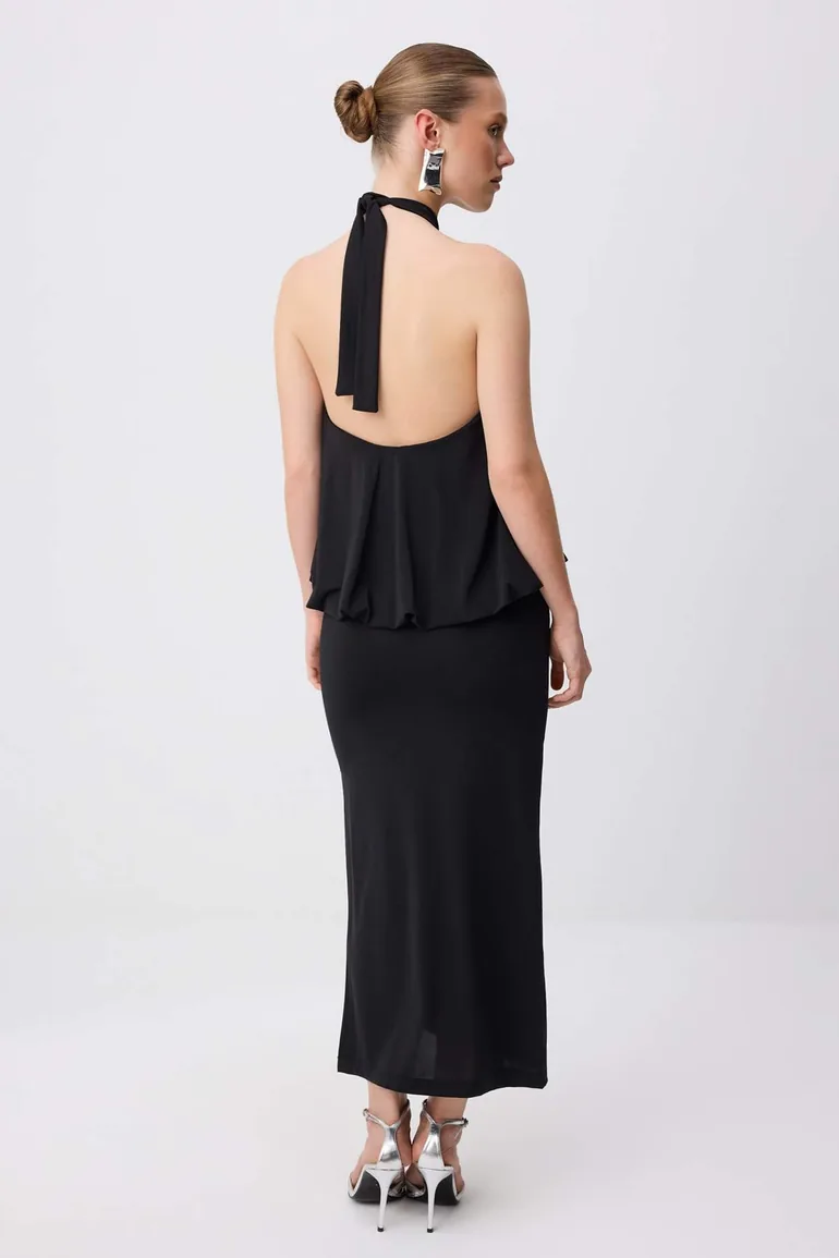 Black High Neck Shift/Straight Cut Maxi Knitted Dress - 3