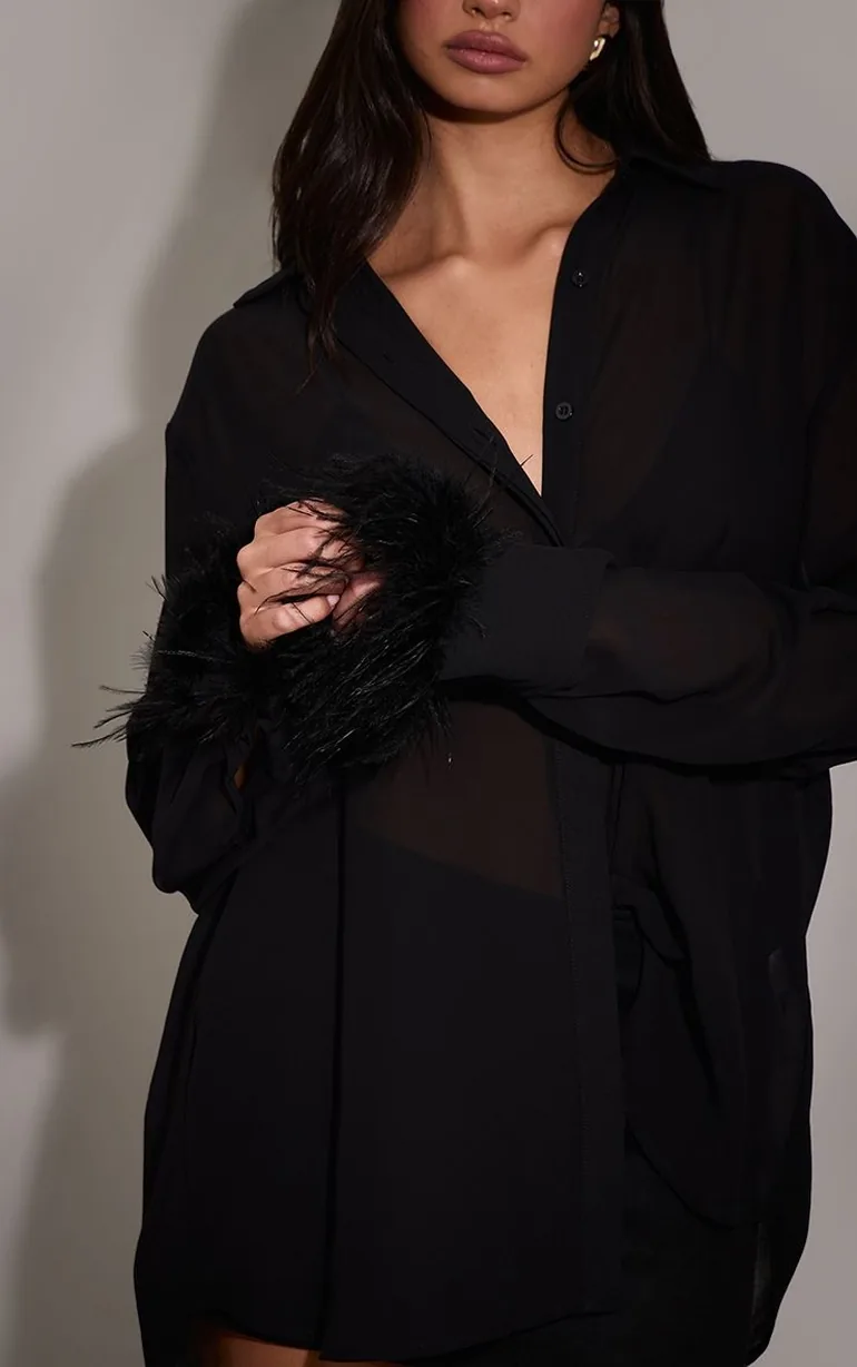 Black Oversized Sheer Feather Cuff Shirt - 3