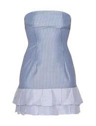 Blue Contrast Pinstripe Bandeau Shift Dress - 4