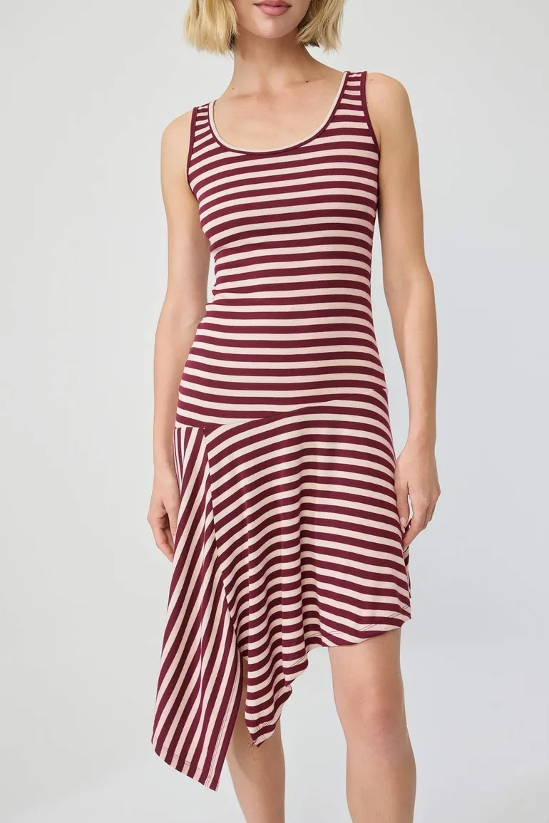 Multi-Colored Striped Asymmetrical Pool Collar Sleeveless Midi Soft Knitted Dress - 2
