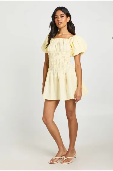 Linen Look Puff Sleeve Shirred Mini Dress - lemon