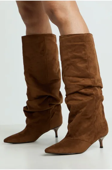 Faux Suede Slouchy Kitten Heel Knee High Boots - tan