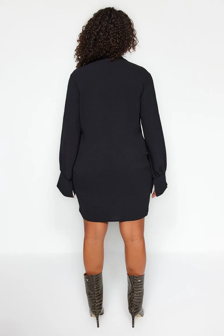 Black Plain Double Breasted Mini Woven Plus Size Dress - 5