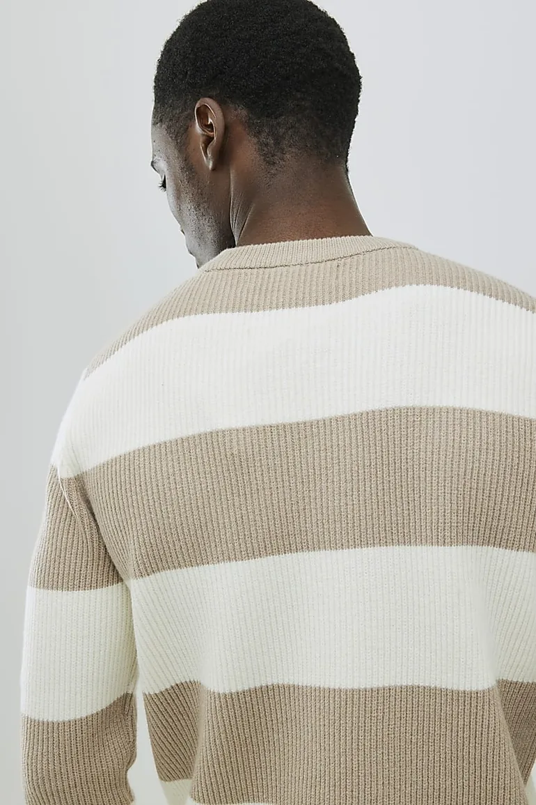 Cream Slim Fit Stripe Rib Blocked Jumper - 3