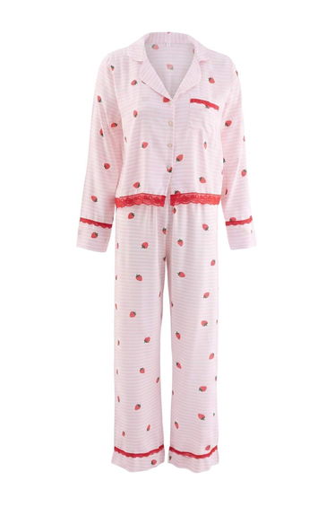 Pink Strawberry and Striped Lace Detailed Viscose Woven Pajama Set product thumbnail 4