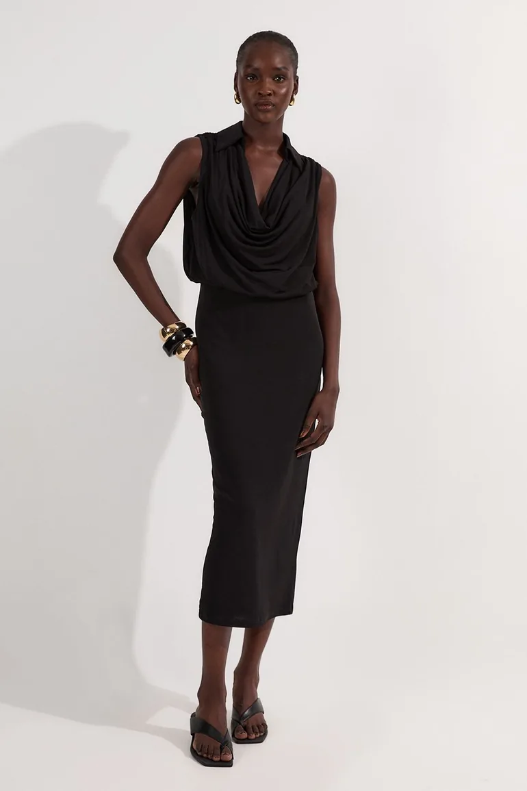 Drape Collared Crepe Midaxi Dress
