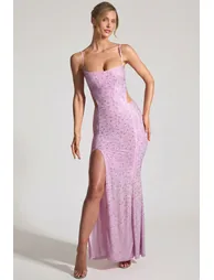 Embellished Cut-Out Fishtail Maxi Dress in Peony Pink - 4