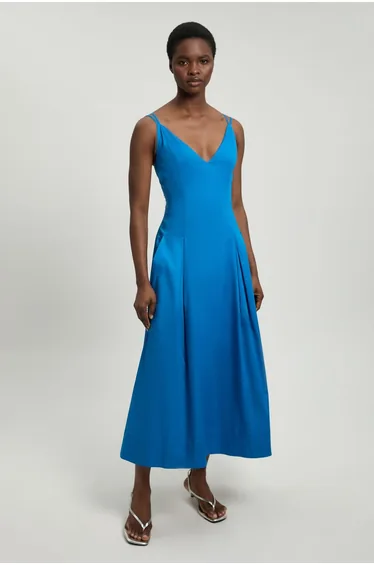 Cotton Sateen V Neck Maxi Dress