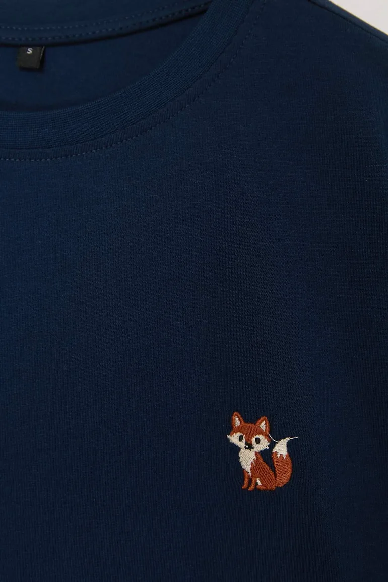 Navy Blue Oversize/Wide Cut Fox Embroidered 100% Cotton T-Shirt - 3