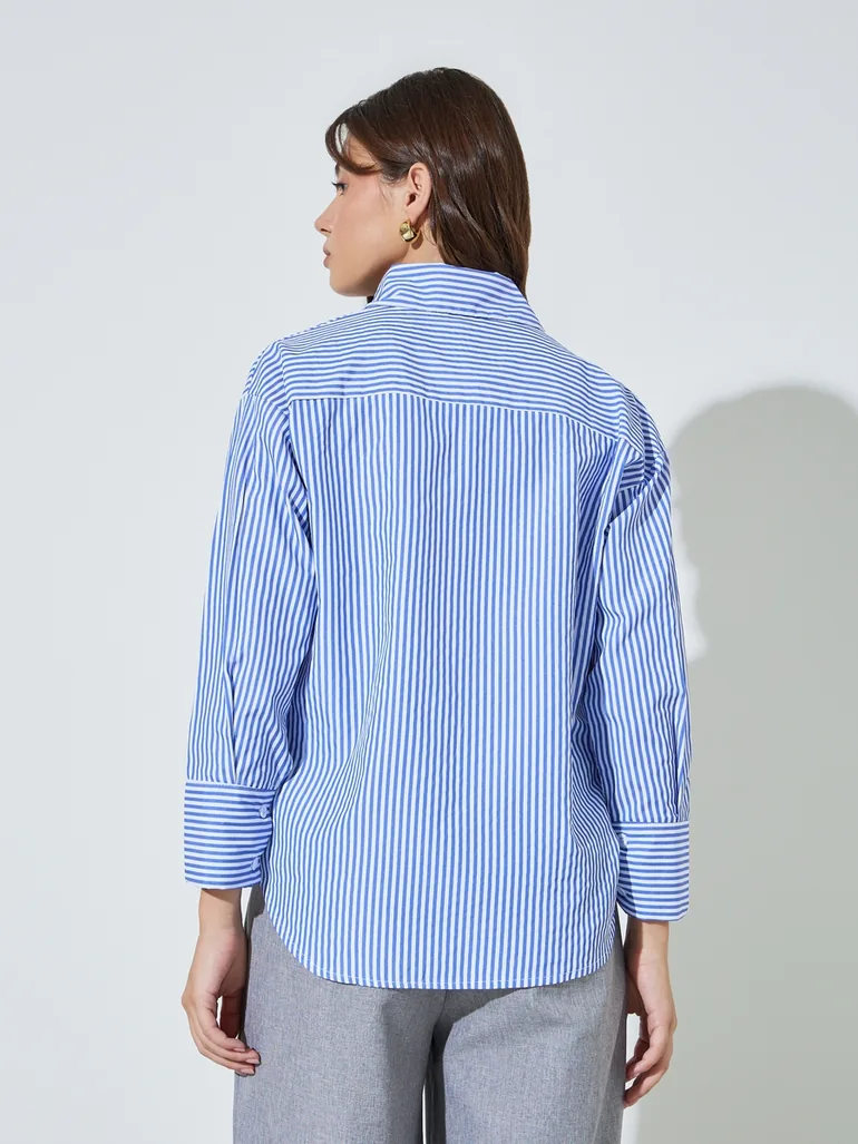 Blue Striped Long Sleeves Oversized Shirt - 3