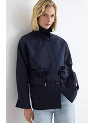 Navy Blue Belted High Neck Oversized Midi Trench Coat - 2