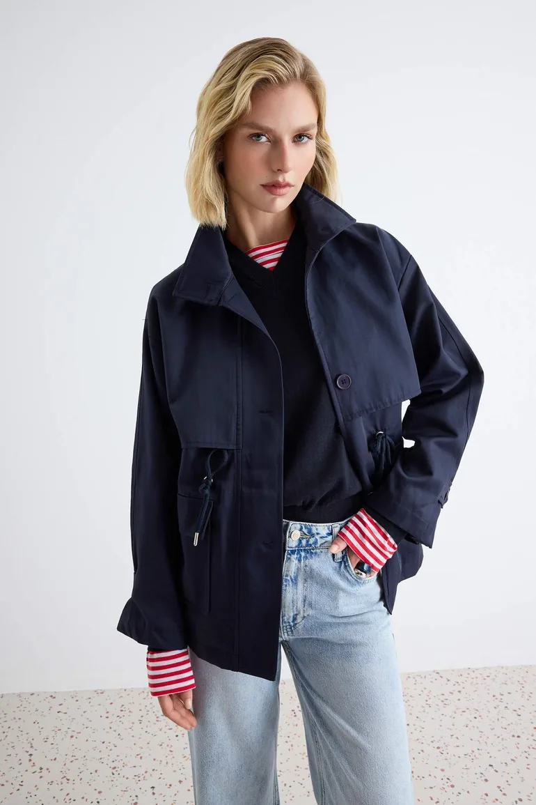 Navy Blue Belted High Neck Oversized Midi Trench Coat