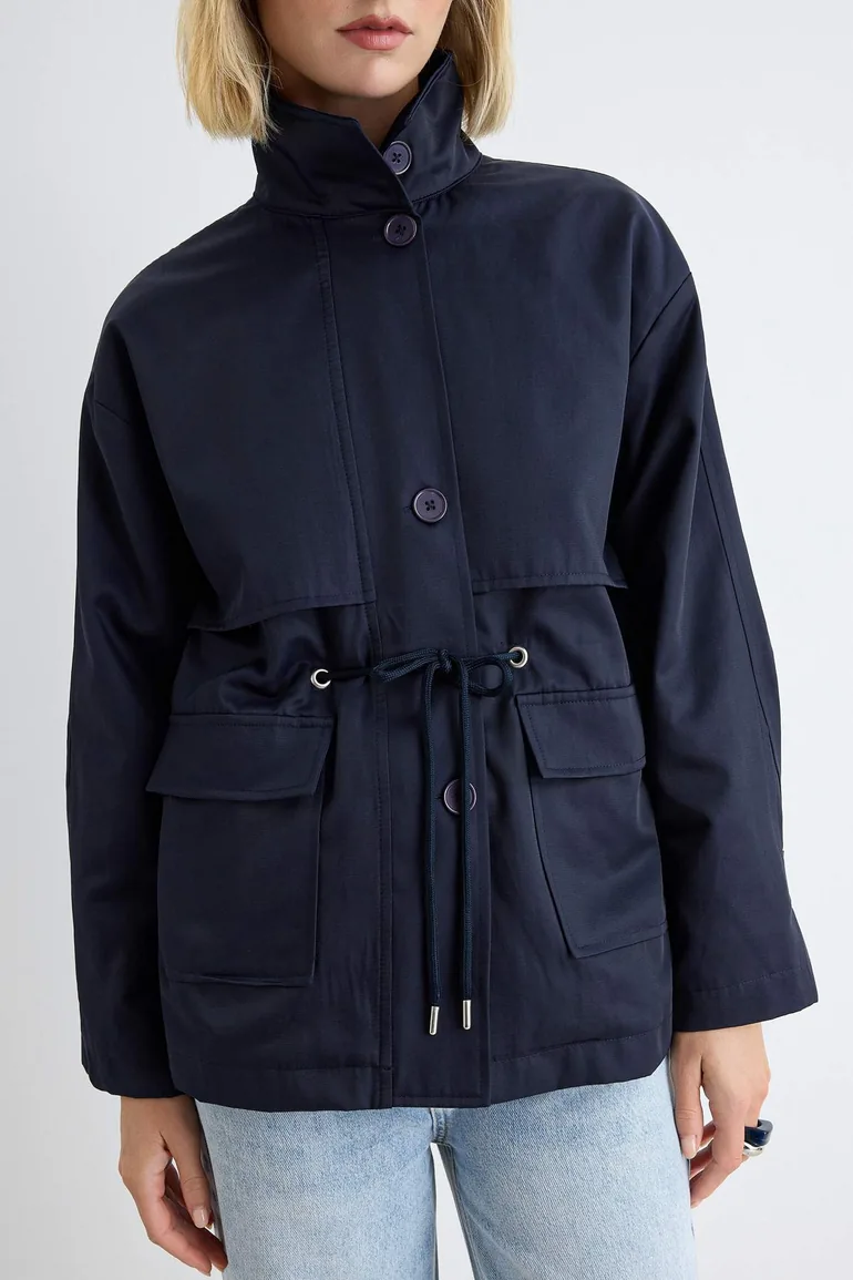 Navy Blue Belted High Neck Oversized Midi Trench Coat - 3