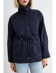 Navy Blue Belted High Neck Oversized Midi Trench Coat - 3
