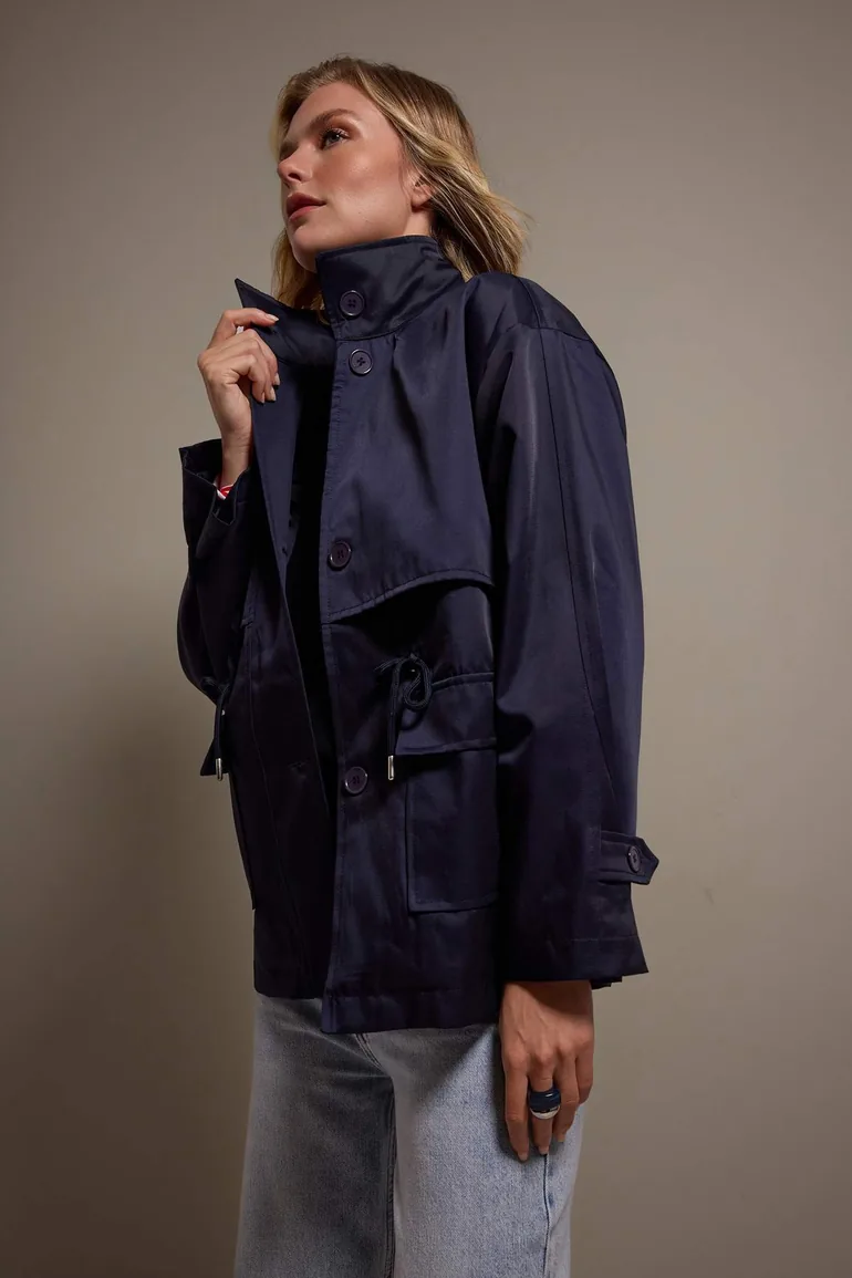 Navy Blue Belted High Neck Oversized Midi Trench Coat - 1