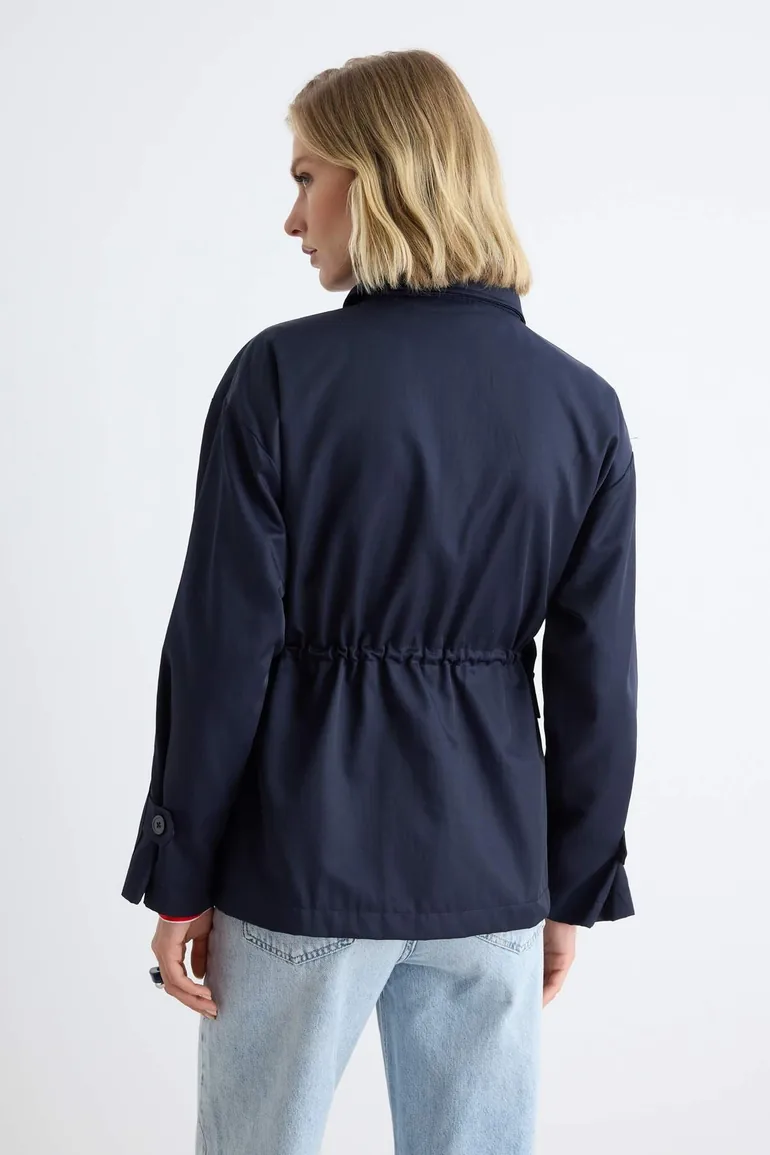 Navy Blue Belted High Neck Oversized Midi Trench Coat - 4
