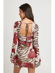 Mixed Animal Print Flared Sleeve Mini Dress - stone - 2
