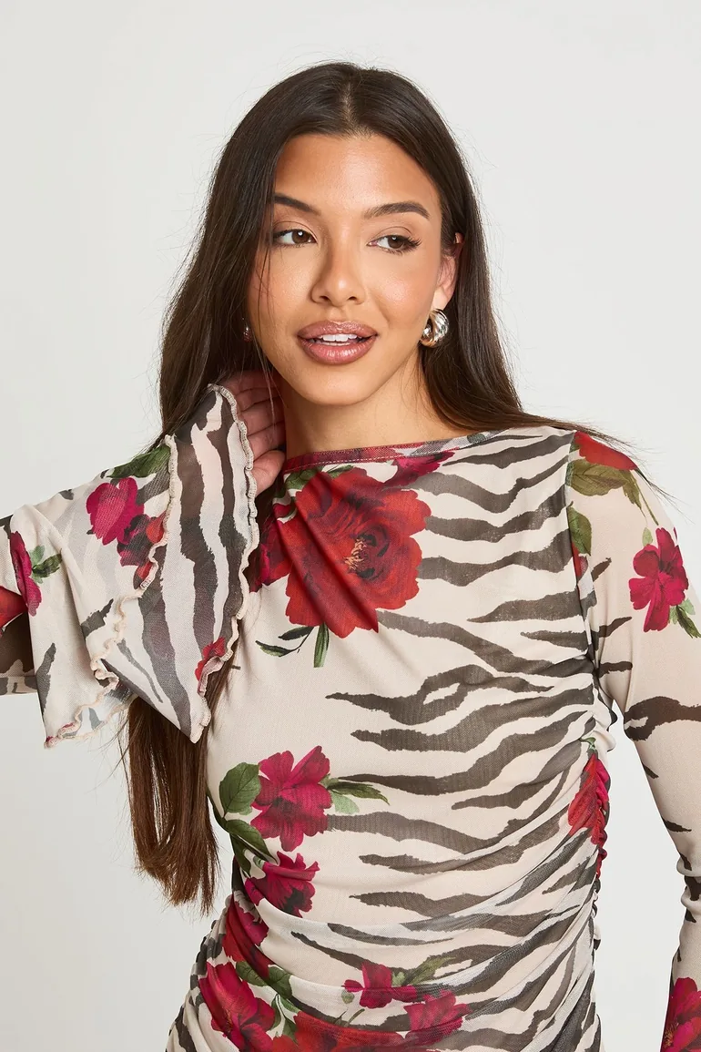 Mixed Animal Print Flared Sleeve Mini Dress - stone - 3