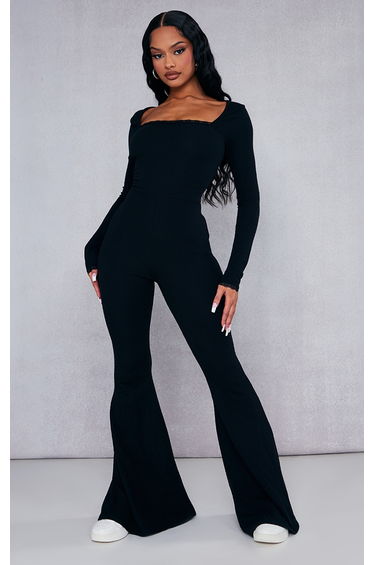 Black Ribbed Lace Trim Long Sleeve Flared Leg Jumpsuit