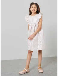 Girls Pink Ruffled Detail Jacquard Dress